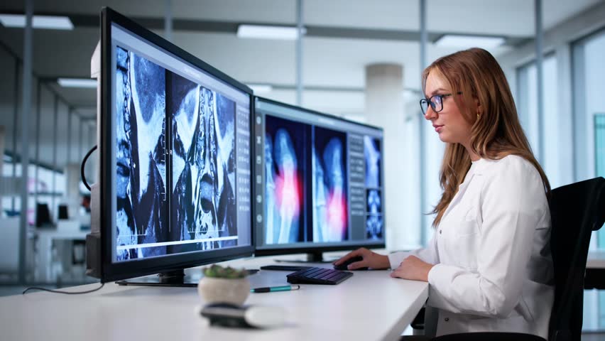 Female Doctor Looking At X-Ray Imaging Using Radiology Technology Before Surgery