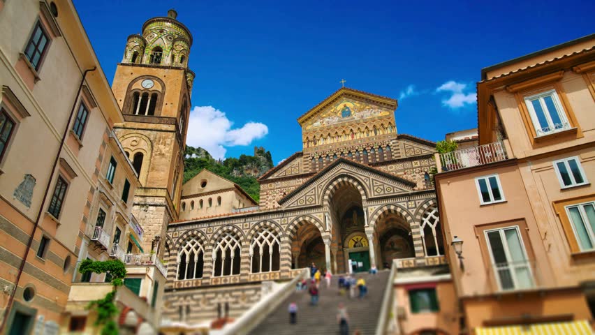 The beauties of the Amalfi coast, Positano and Amalfi and the beautiful islands of Procida, Ischia and CapriView of the Cathedral of Saint Andrea in Amalfi Town, and the steps leading to it from the P