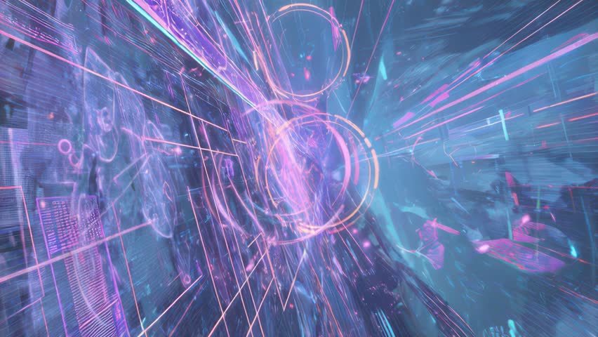 Glitch HUD animation with neon overlays, sci-fi layout, and high-frequency distortion details. Futuristic tech display loop with warped grid overlays, scanning beams, and HUD particle flows.