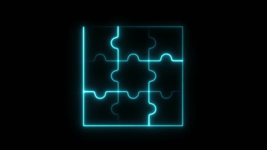 Glowing neon line puzzle icon animation isolated on black background