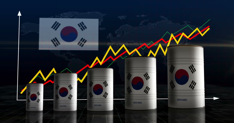South Korea chemical and oil business barrels on growing chart. South Korean petrol industrial metal containers with increase statistic diagram.