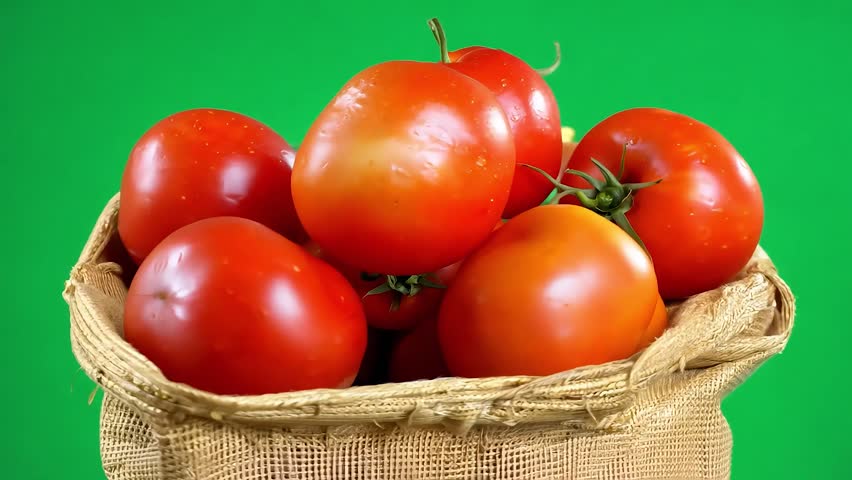 A vibrant basket of fresh red tomatoes set against a green screen background, ideal for culinary or gardening projects.