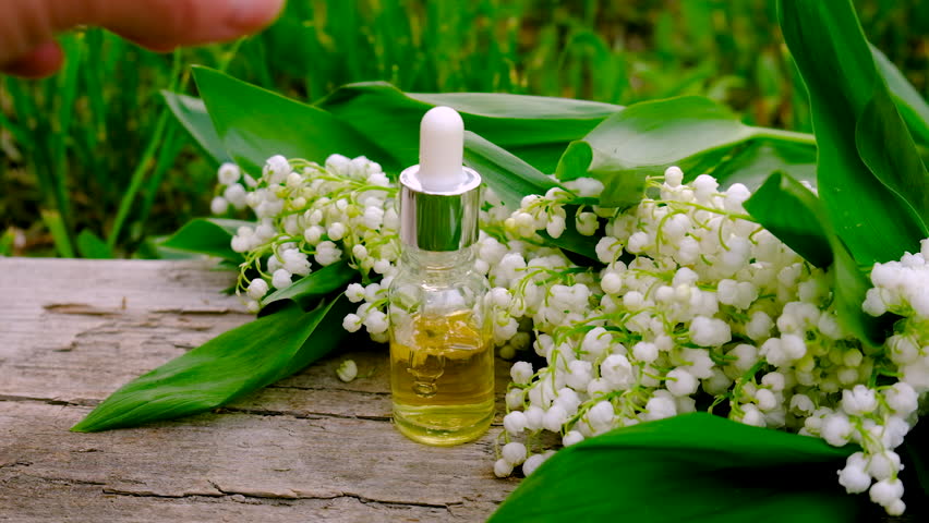 Lily of the valley extract in a bottle. Selective focus.