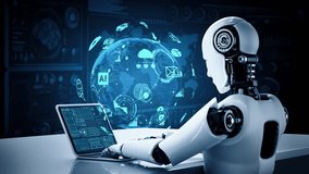 Robot hominoid use laptop and sit at table for global network connection using AI thinking brain , artificial intelligence and machine learning process for 4th industrial revolution . 3D rendering. - Powered by Shutterstock - Get 15% off with code: PIKWIZARD15