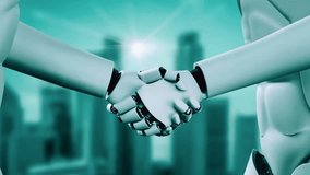 3D rendering hominoid robot handshake to collaborate future technology development by AI thinking brain, artificial intelligence and machine learning process for 4th industrial revolution. - Powered by Shutterstock - Get 15% off with code: PIKWIZARD15