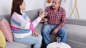 Happy retired couple drinking wine on their living room sofa, enjoying a relaxing moment together - Powered by Shutterstock - Get 15% off with code: PIKWIZARD15