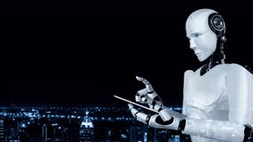 Robot hominoid use mobile phone or tablet for global network connection using AI thinking brain , artificial intelligence and machine learning process for 4th industrial revolution . 3D rendering. - Powered by Shutterstock - Get 15% off with code: PIKWIZARD15