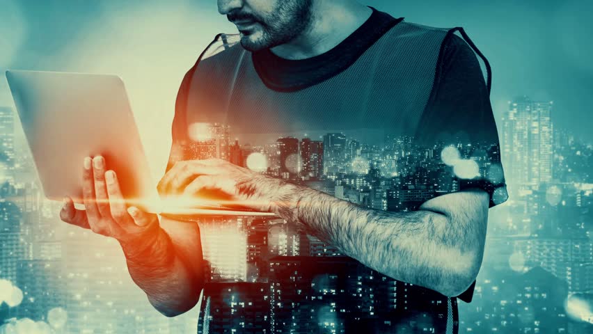 Future building construction and inventive engineering project concept with HUD hologram graphic design. Building engineer, architect people or construction worker works with modern civil technology.