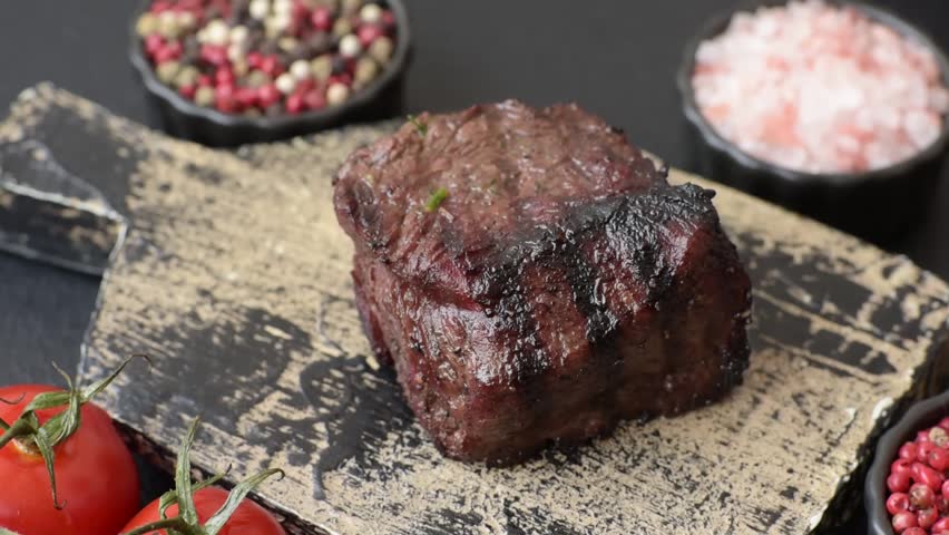 Grilled beef steak meat with salt and pepper. Beef steak grilled on a barbecue as a background for your design