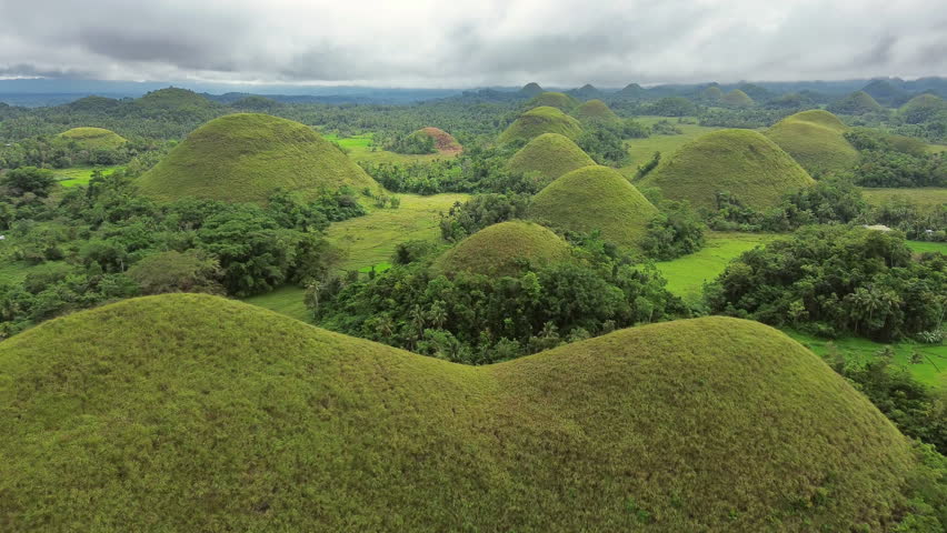 Aerial view of Chocolate hills - geological formation on Bohol island, Philippines, 4k