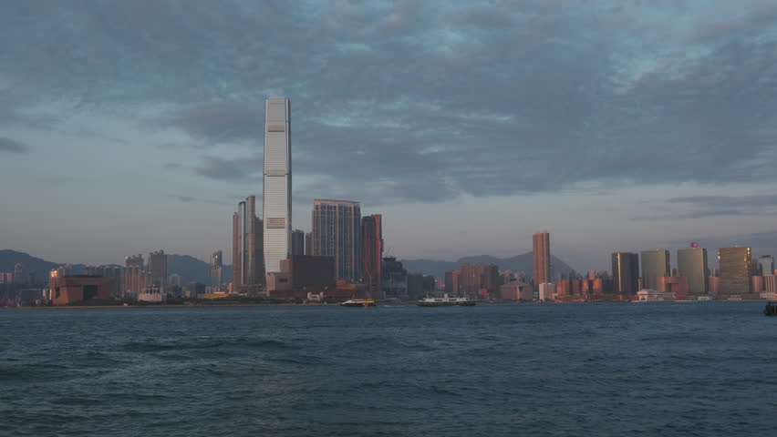 Hong Kong at night and boats in Victoria Harbour and Hong Kong Kowloon, 4k