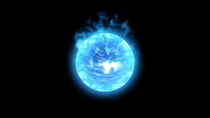 A vibrant, stylized, swirling blue energy orb with wisps of blue smoke emanating from its edges, set against a stark black background. The animation would showcase