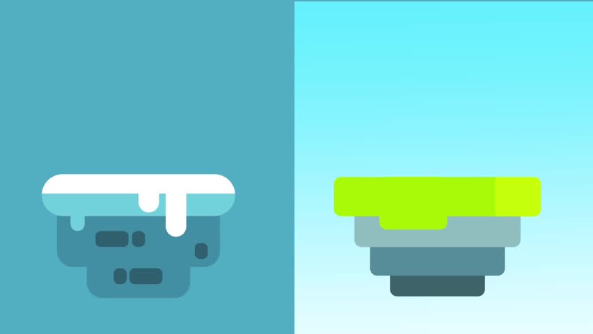 Two contrasting floating islands, one snowy and one green, represent a seasonal shift between winter and summer in a single visual snapshot