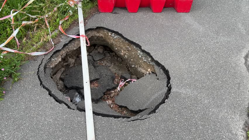 Asphalt sidewalk collapsed large hole plastic barrier fence road construction safety