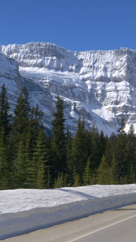 POV Scenic view of wintry landscape during a road trip along Icefields Parkway. Driving along the empty country road offering a stunning view of lush evergreen woods and snowy Canadian Rocky Mountains
