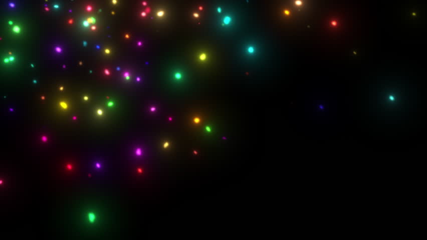 Multicolored glowing particles floating and twinkling on a dark background. Abstract looped animation perfect for celebration themes, party visuals, festive backgrounds, or digital effects in motion 