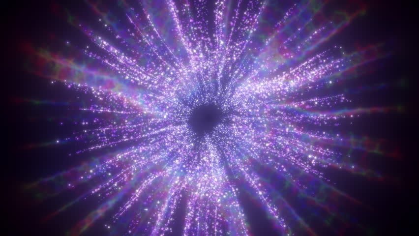 Swirling animation of glowing purple particles forming a vibrant tunnel in deep space. Abstract light motion with shimmering bokeh and cosmic energy. Perfect for sci-fi themes, digital art backgrounds