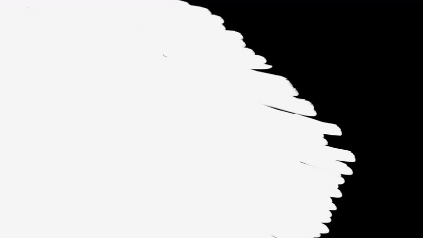 White strokes flood the black screen like paint. Creative 4K transition with alpha channel, hand-painted visual splash for scene changes in stock videos.