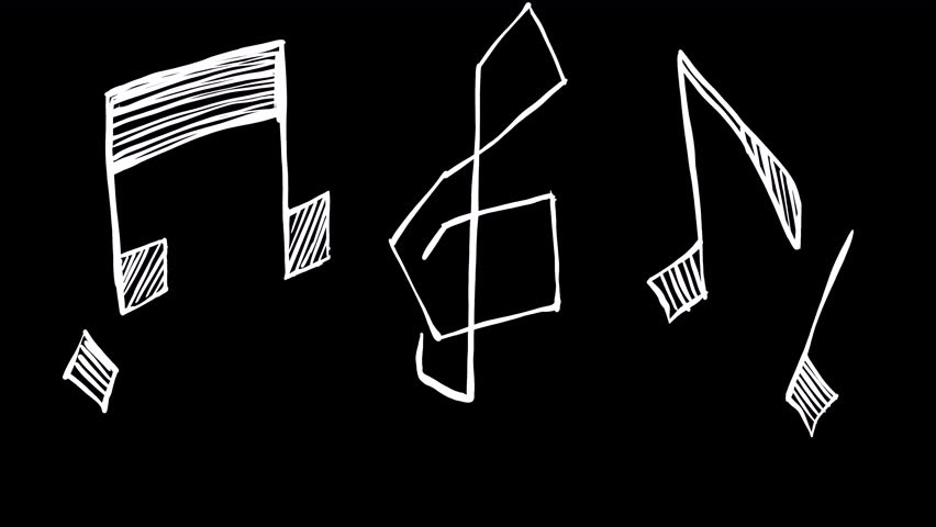 Stylized white notes rise and fill the black screen. Cartoon music transition in 4K with alpha channel for clip changes and artistic edits.