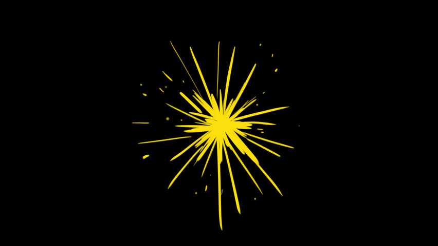 Burning fuse or sparkler lights up black screen. Hand-drawn cartoon animation of fire burst with rays in 4K with alpha for celebratory scenes.