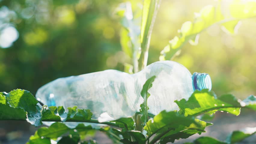 Hand in black glove picking up plastic bottle from green weeds ground view closeup slow motion summer sunset