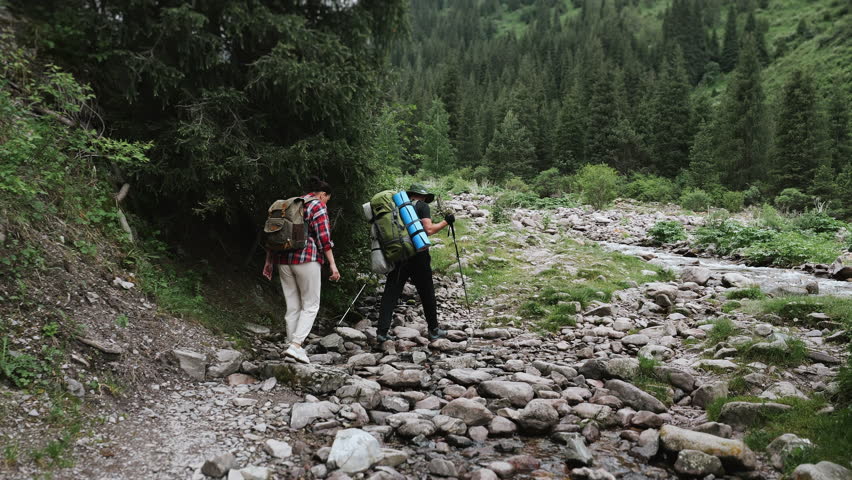 Two hikers with backpacks crossing rocky mountain stream during hiking trip, outdoors in forest valley. Adventure travel, trekking and outdoor lifestyle in wild nature.