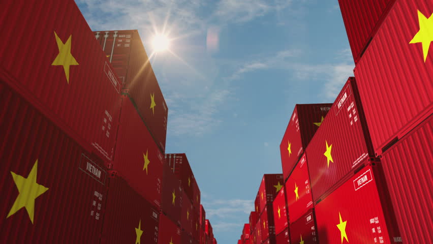 Vietnam export production and import cargo containers in row seamless and loopable business concept. Vietnamese flag industrial shipping box 3d loop.