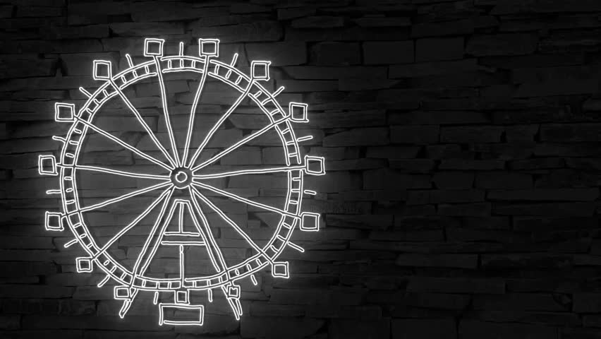 Vienna Prater silhouette silver neon sign on dark brick wall illuminated 3d illustration, 10s 4k video animation, flickering, special effects, add your own text and send by email text