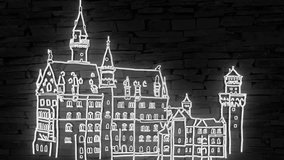Detailed castle Neuschwanstein Bavaria Germany neon sign on dark brick wall illuminated 3d illustration, 10s 4k video animation, flickering, special effects, add your own text and send by email text - Powered by Shutterstock - Get 15% off with code: PIKWIZARD15
