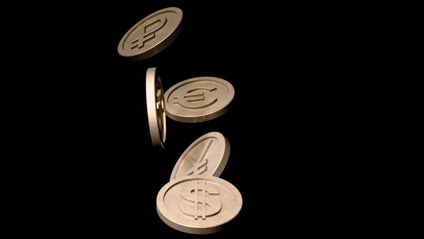 The 4K video shows how gold coins with the logos of the euro, US dollar, ruble, yuan, pound sterling and bitcoin fall from the sky to the floor and shatter.