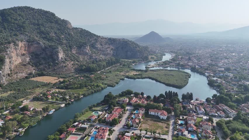 Beautiful panoramic view of the river valley and the city of Dalyan from the view point of the old town of Kaunos, Mugla Turkey