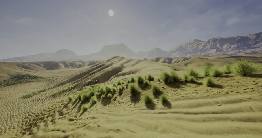 An expansive desert landscape showcases soft sand dunes interspersed with patches of grass. Mountains rise in the background under a clear sunny sky, evoking a tranquil atmosphere.