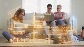 Happy family using digital devices in a living room with a futuristic smart home hologram overlay. Concept of residential automation, energy efficiency monitoring, and IoT connectivity. - Powered by Shutterstock - Get 15% off with code: PIKWIZARD15