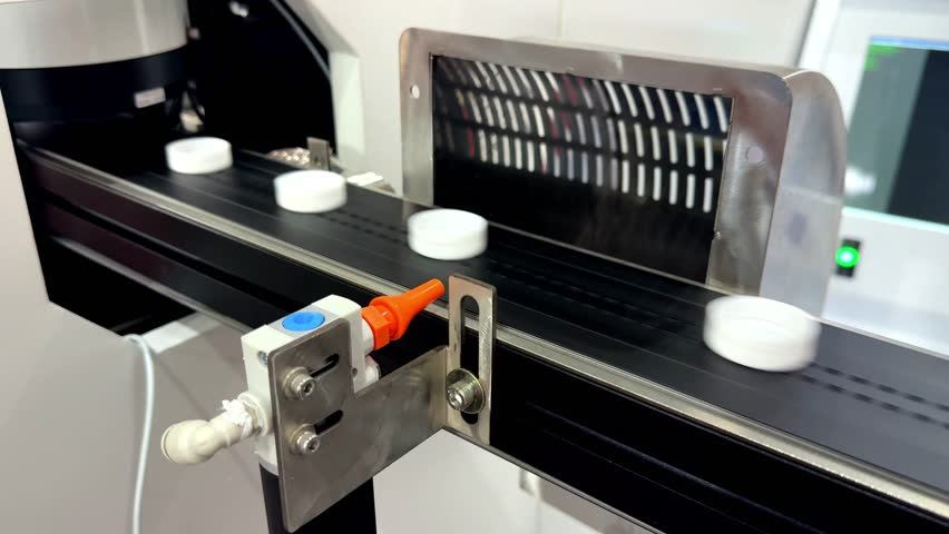 Plastic cap compression molding machine on the production line in the factory