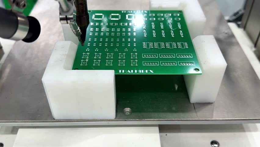 High technology and modern automatic robot for print circuit board (PCB)assembly machine during soldering or welding part or component at factory
