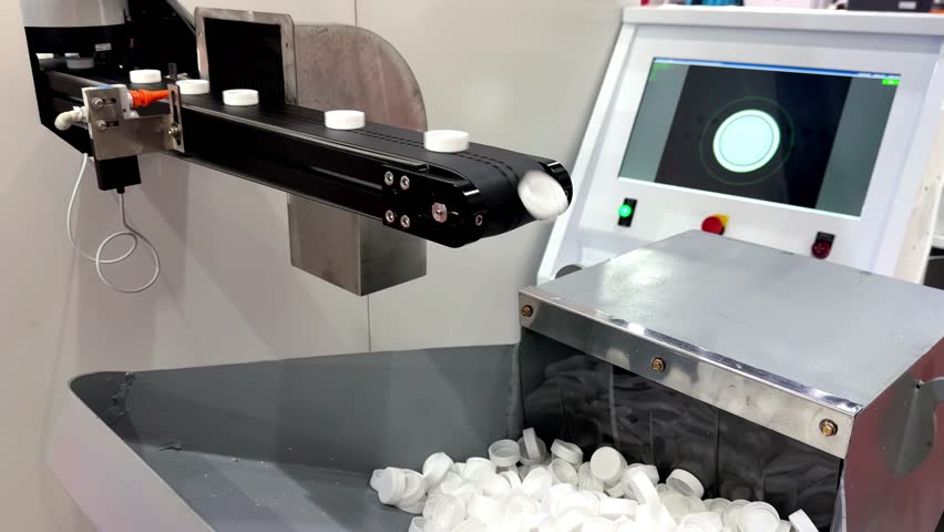 Plastic cap compression molding machine on the production line in the factory