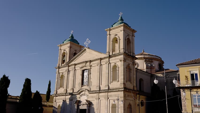 Neoclassical facade of the Cathedral of Santa Maria Maggiore and San Leoluca standing tall in Vibo Valentia, Calabria, Italy