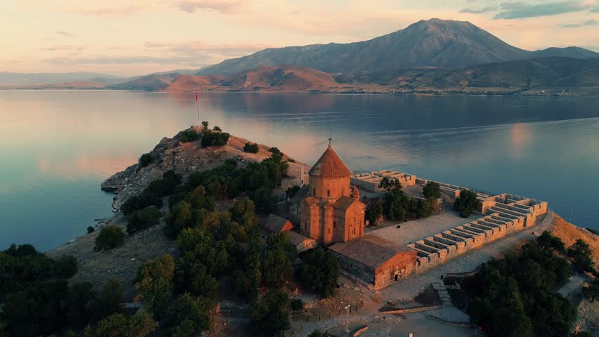 Aerial View of Akdamar Memorial Museum and Church on Lake Van, Turkey