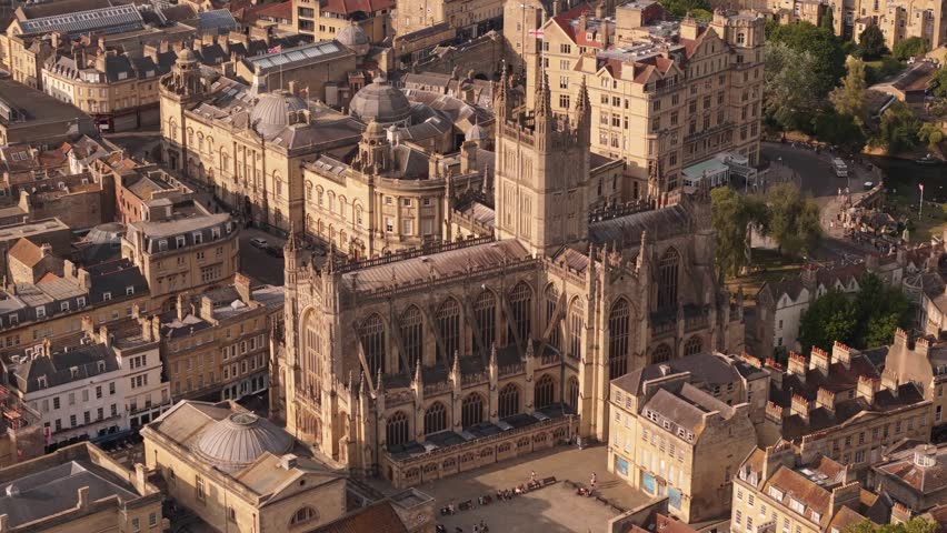 Aerial footage of the spledind, vibrant and unique town of Bath and it Roman's bath in United Kingdom 