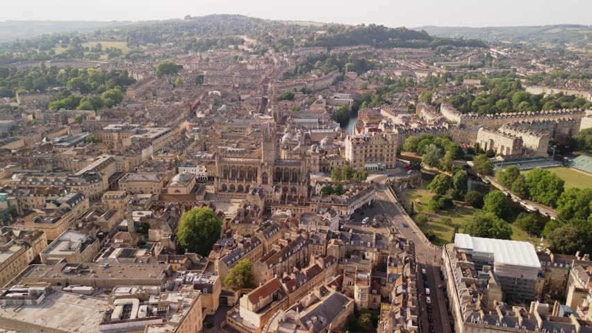 Aerial footage of the spledind, vibrant and unique town of Bath and it Roman's bath in United Kingdom 
