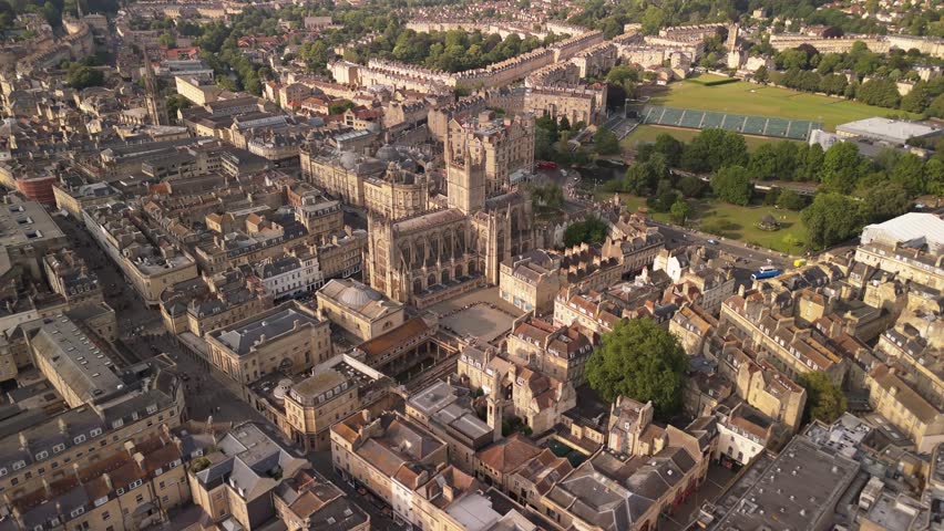 Aerial footage of the spledind, vibrant and unique town of Bath and it Roman's bath in United Kingdom 
