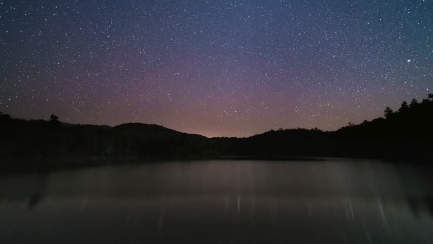 Night Sky over Serene Lake and Silhouetted Mountains