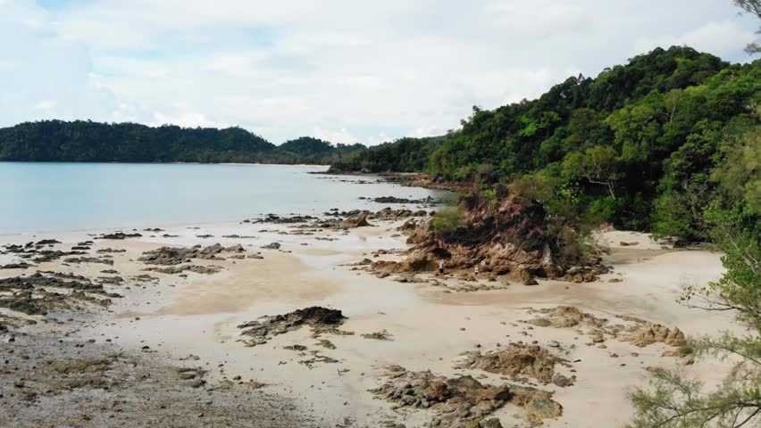 Serene Tropical Beach Landscape with Rocky Shore and Lush Greenery