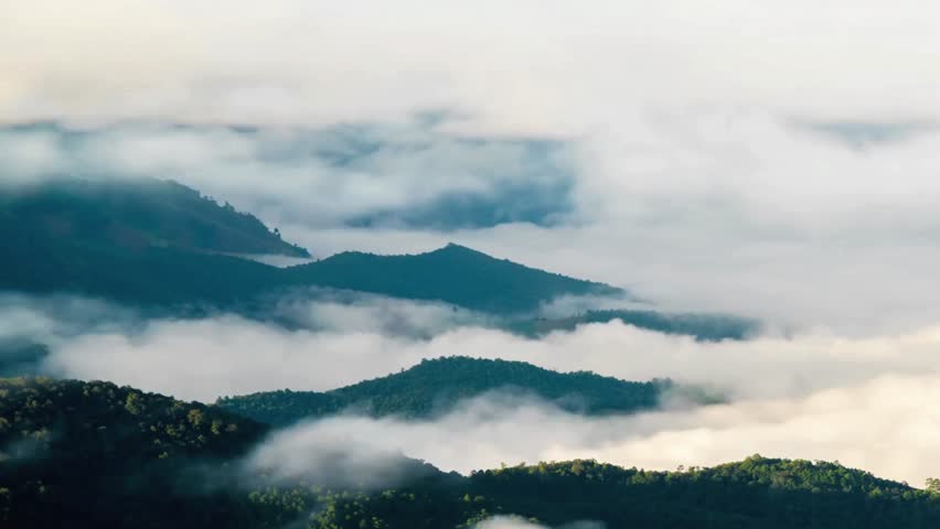 Misty Mountain Landscape Aerial View, Rolling Hills, Cloud Cover