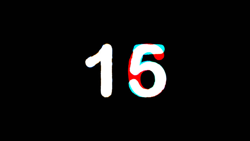 15 second glitch countdown on black background animation. 4k Video