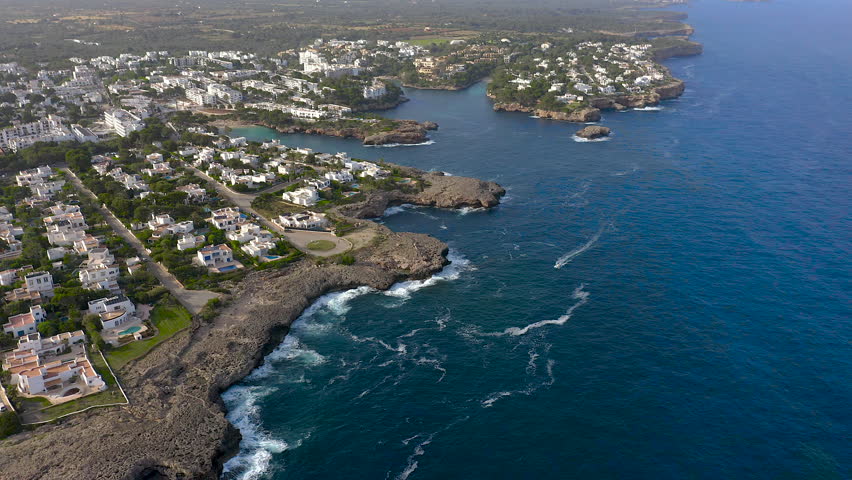 Aerial viewof the beautiful Cala Gran and resorts, in the East side of Mallorca Island, Spain.