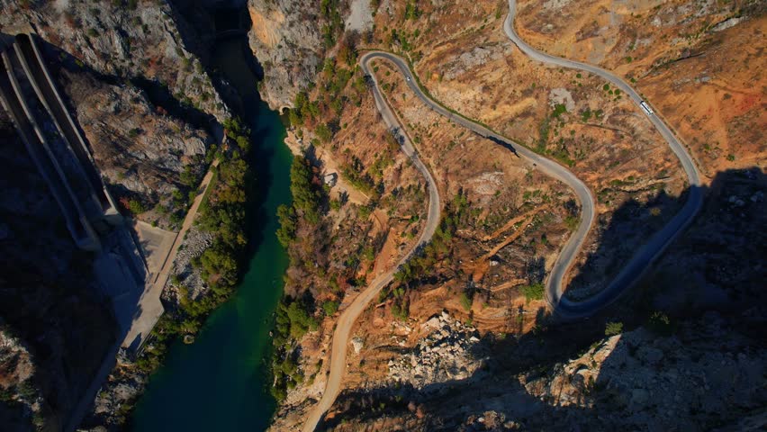 Dam Oymapinar mountain lake water reservoir aerial top view Antalya. Green Canyon Turkey, Manavgat.