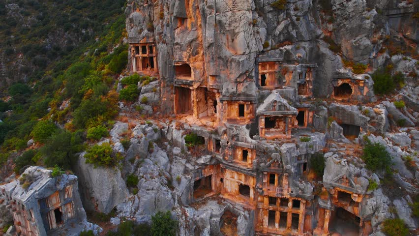 Ruins Myra Ancient City in Demre Antalya, Turkey Aerial Top view. Old Lycian amphitheater by drone.