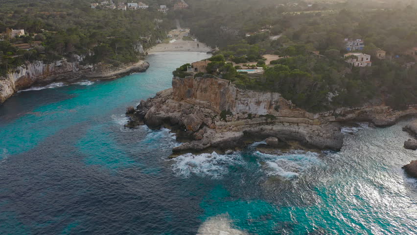 Aerial viewof the beautiful Cala Llombards and resorts, in the East side of Mallorca Island, Spain.