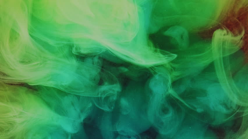Glitter mist. Ink water blend. Green blue color shimmering particles texture smoke splash wave swirl floating abstract art background.